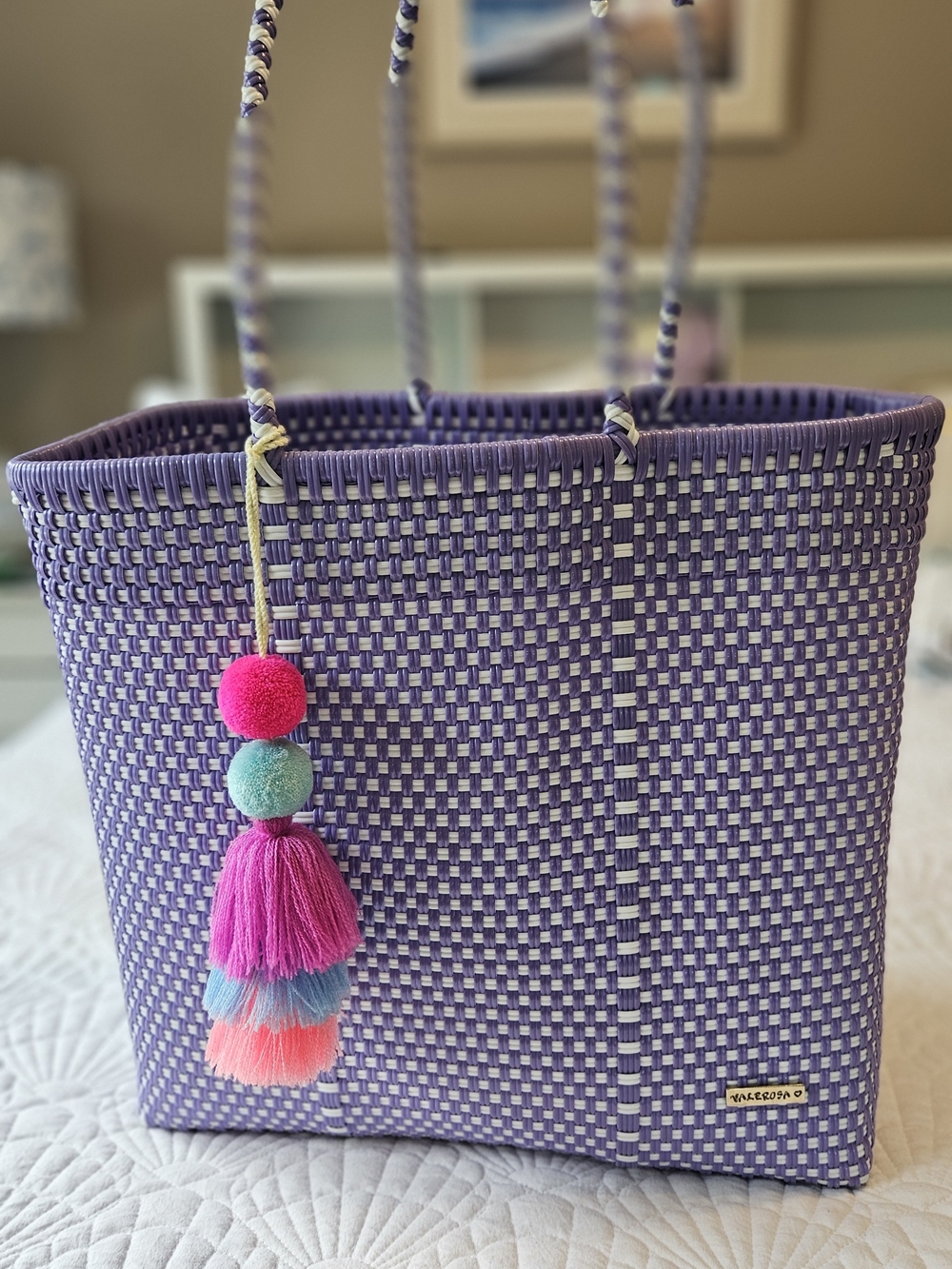 Valerosa Large Purple Woven Tote with Multicolor Tassel